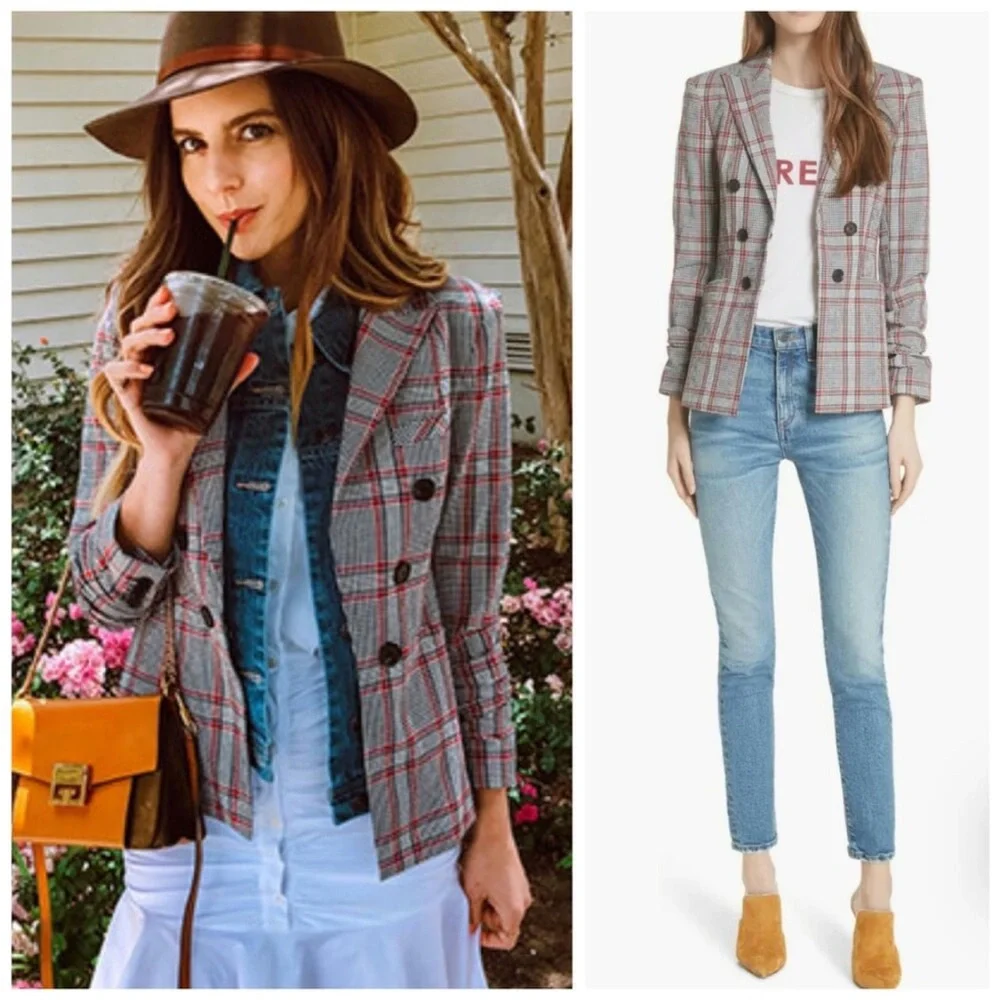 $650 Veronica Beard Plaid Caldwell Dickey Blazer Red Gray Navy Jacket Cotton 8 - Picture 2 of 14